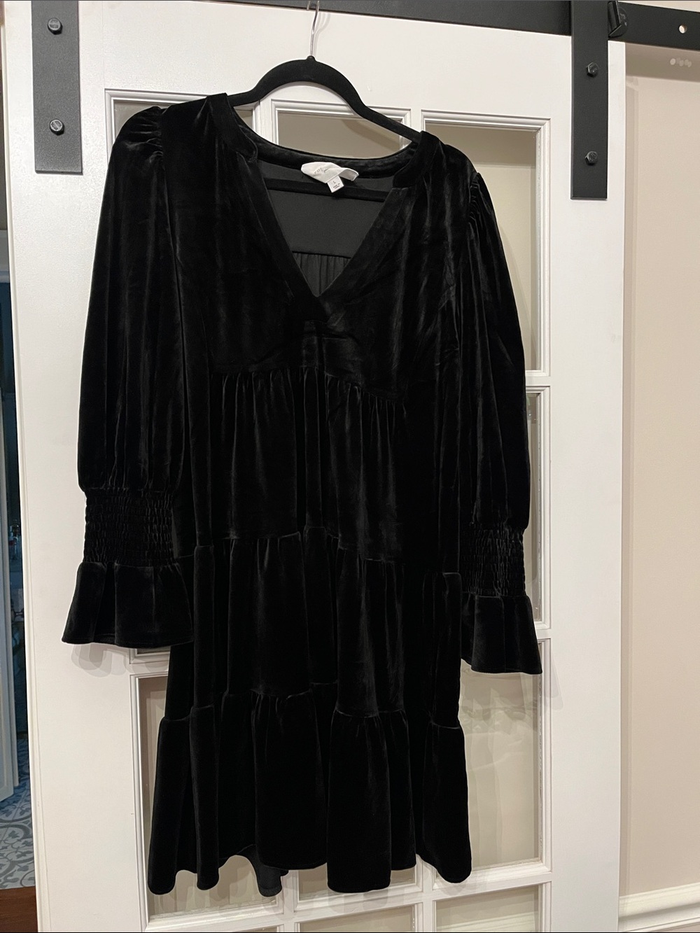 Pomander Place Black Velvet Tiered V-Neck Smocked Sleeve Dress